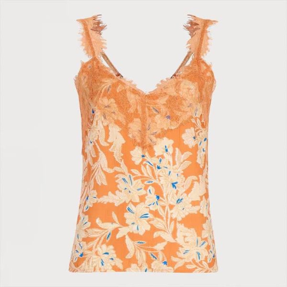 Sam Edelman Women's Palmer Floral-Print Orange Lace-Trim Tank Top Size S